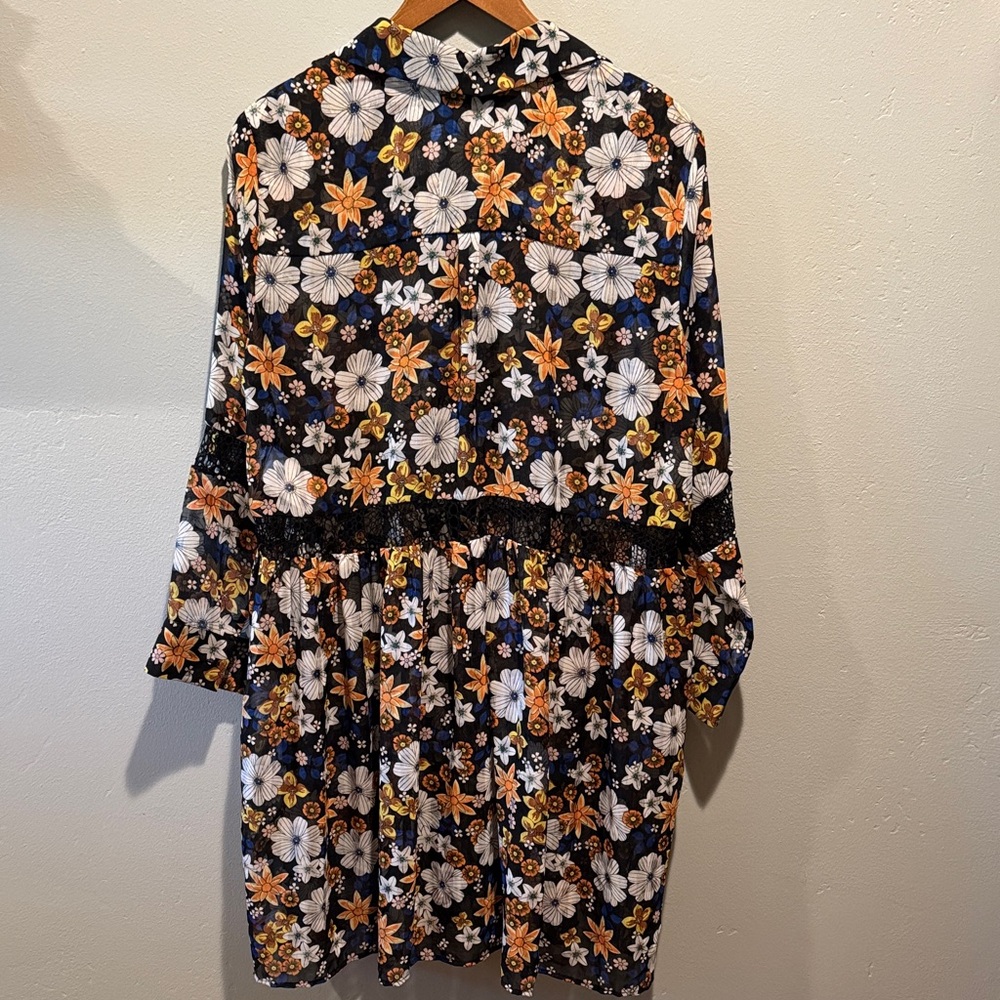 Sandro Paris Reyes Floral Button-Front Sheer Smock Dress in Black & Mustard - Picture 9 of 16